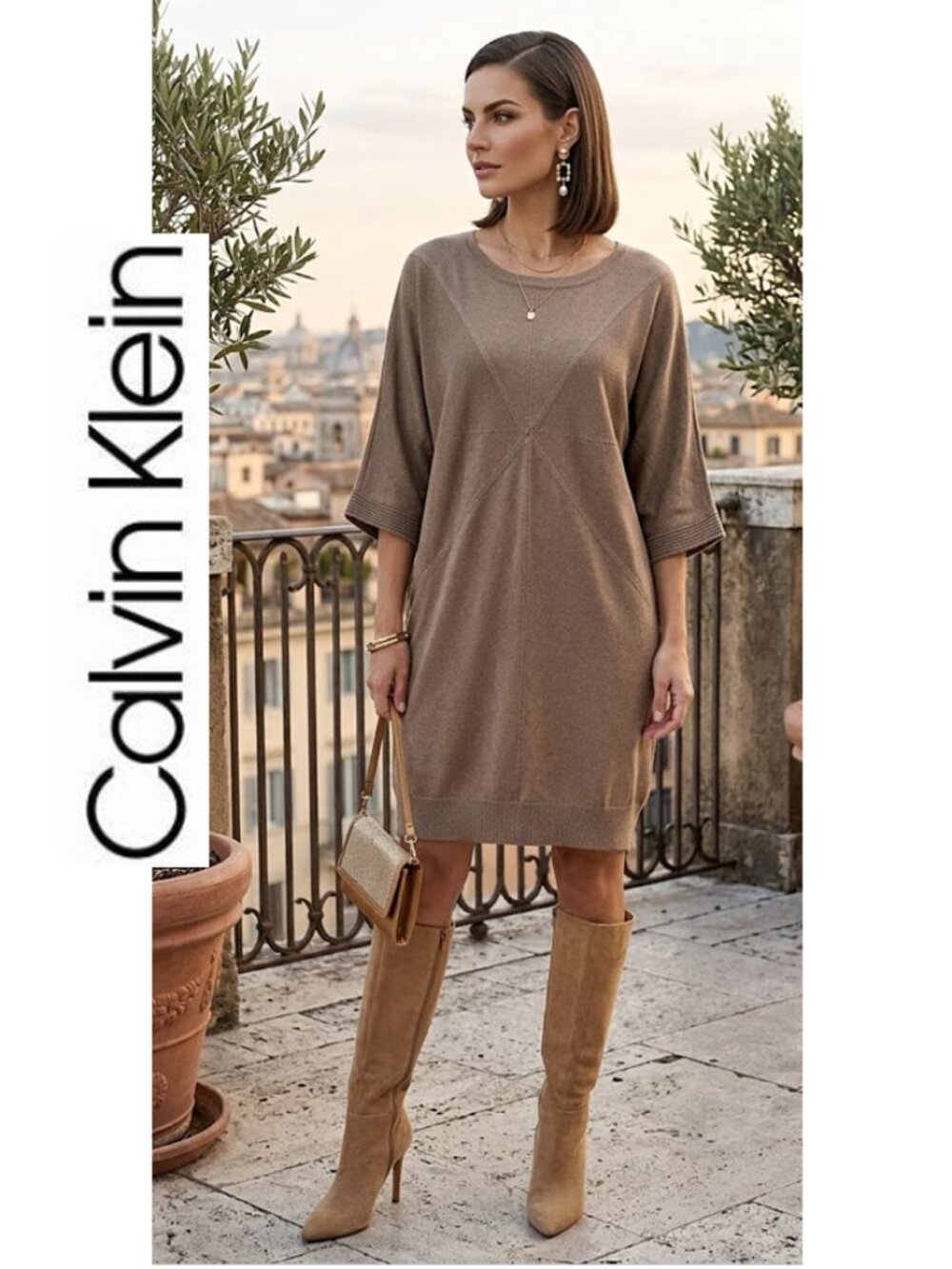 CALVIN KLEIN, Tan dolman sleeve knee length sweater dress